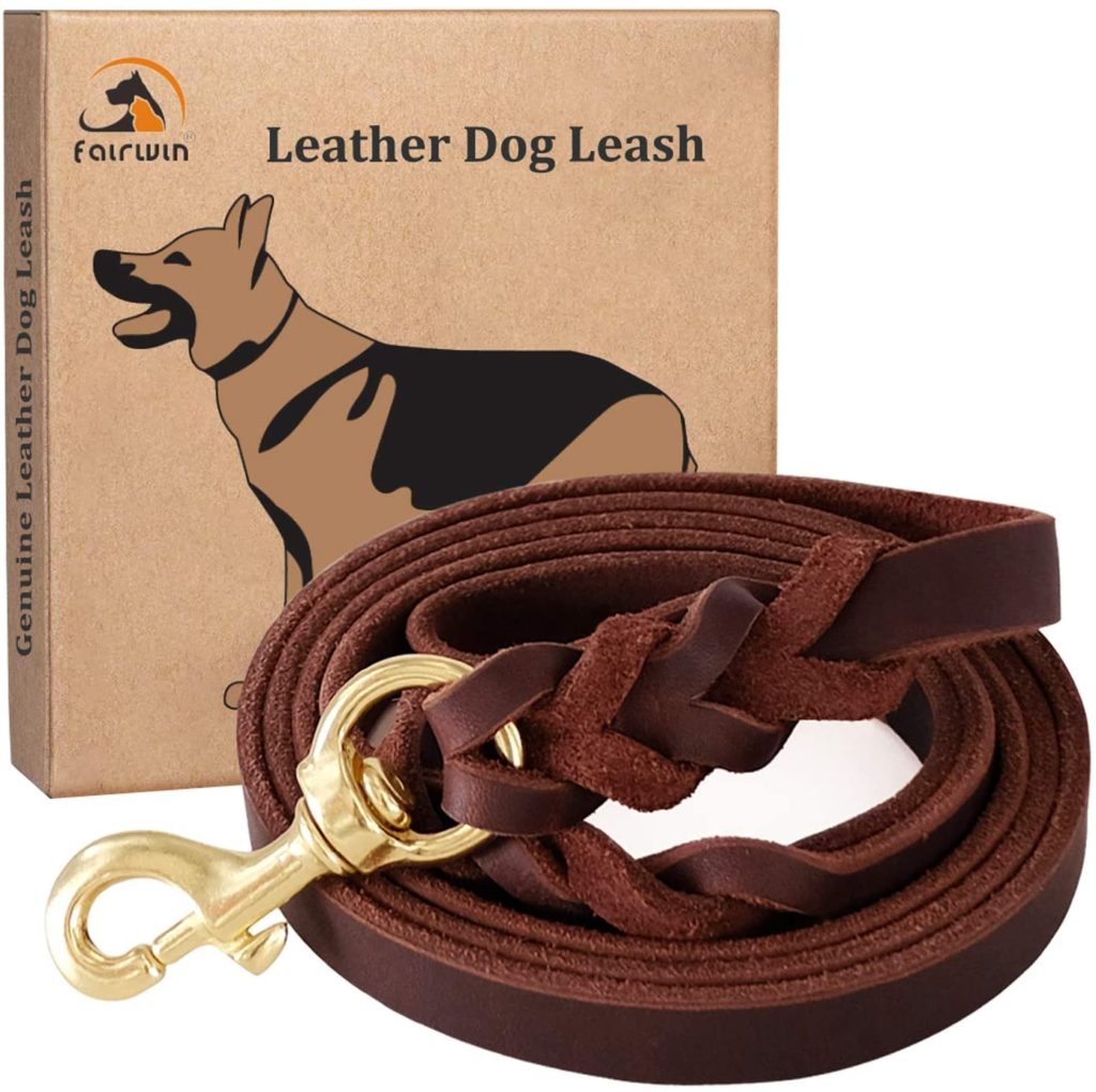 Fairwin Braided Leather Dog Training Leash 6 Foot - 5.6 Foot Military Grade Heavy Duty Dog Leash